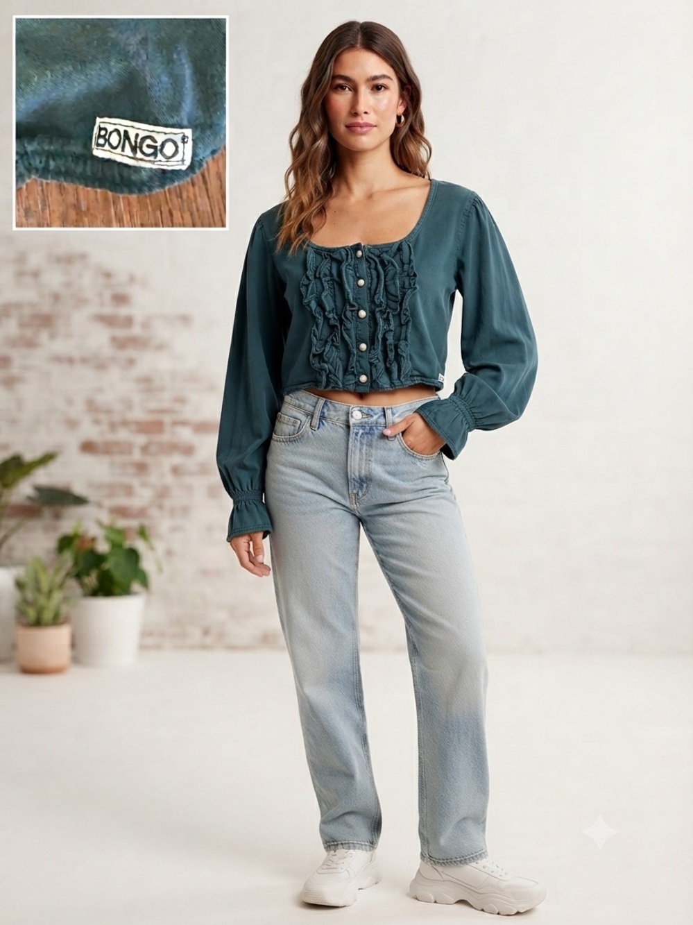 Y2K Bongo Dark Teal Ruffled Blouse with Pearl Buttons size Large